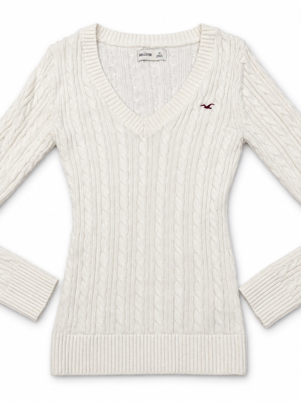 Hollister Ivory Cable Knit V-Neck Sweater XS Long Sleeve Logo
